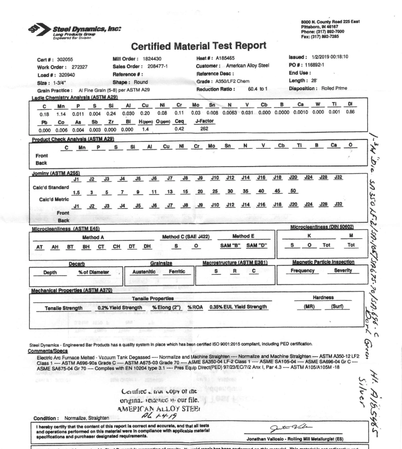 Certified Material test Report